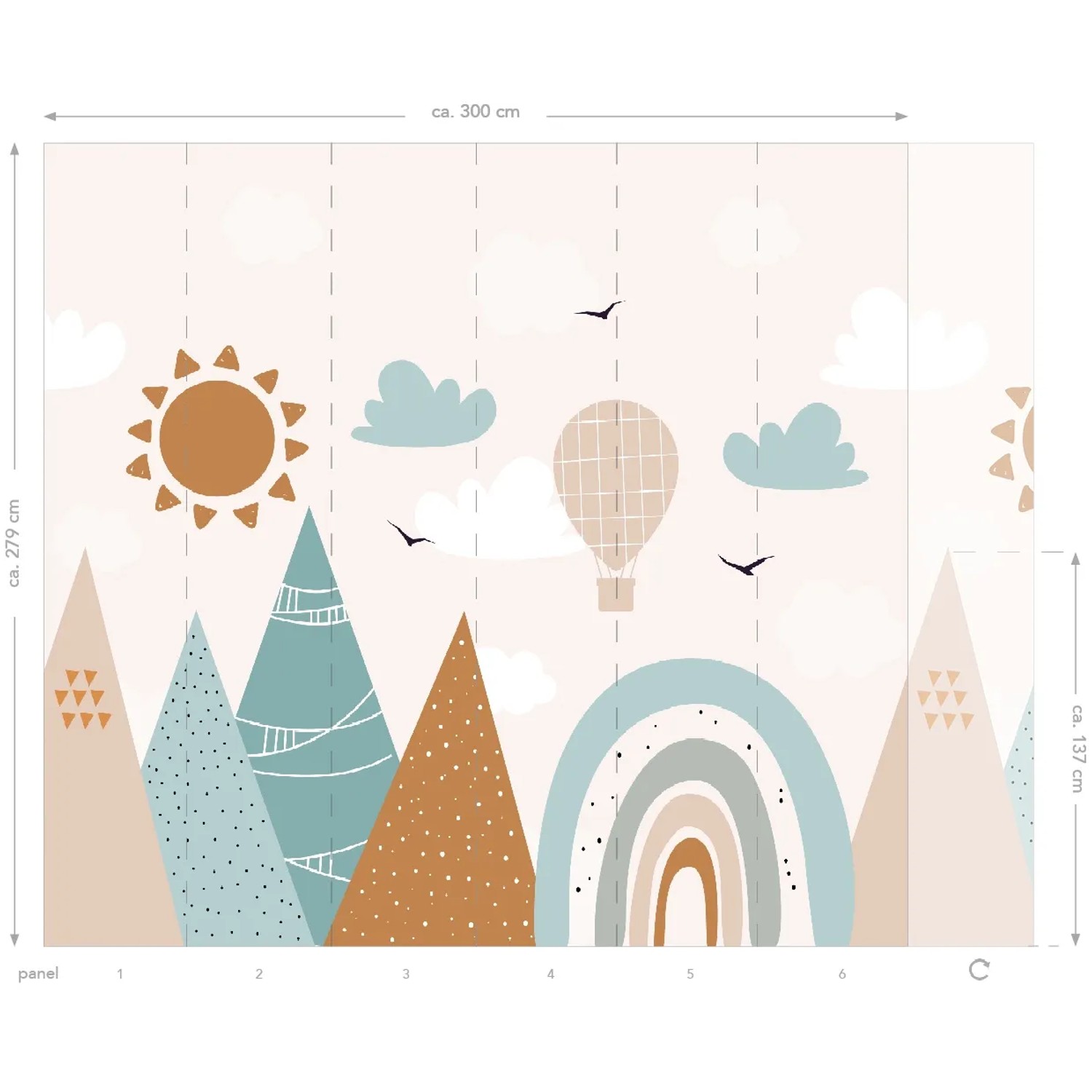 ESTAhome Fototapete mit Bergen, Sonne, Heißluftballon und Regenbogen in Graublau und Dunkelorange.