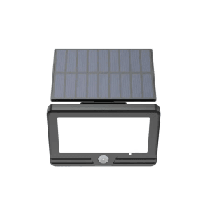Schwarze LUXULA LED Solar Wandleuchte mit Bewegungsmelder und separatem Solarpanel.
