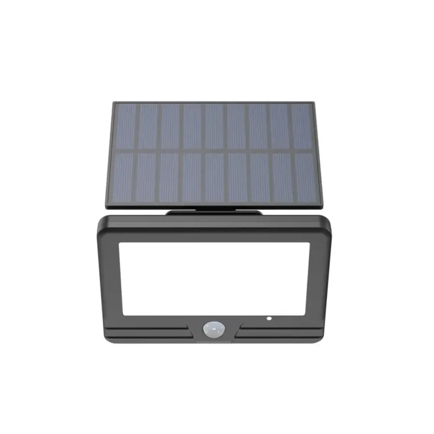 Schwarze LUXULA LED Solar Wandleuchte mit Bewegungsmelder und separatem Solarpanel.