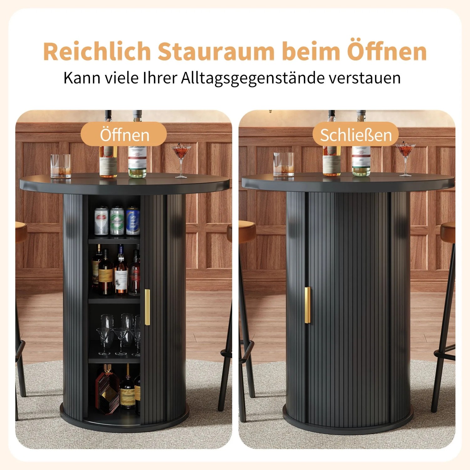 Merax Bartisch Set: Runder Bartisch mit Lamellen-Schiebetür, offen mit Stauraum, geschlossen. Dunkles MDF.