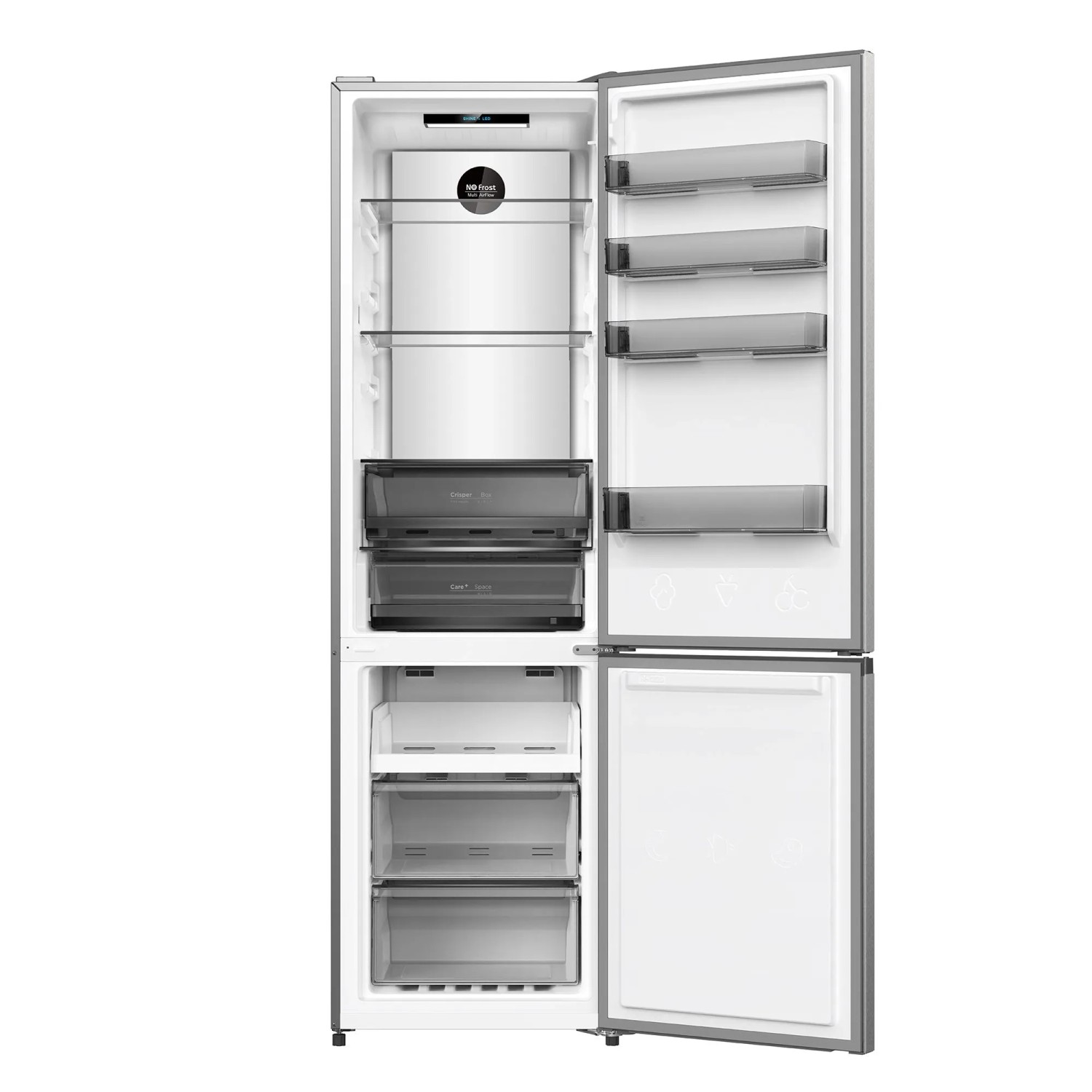 Geöffnete Wolkenstein Kühl-Gefrierkombination WKG405ANFDIX im Dark Inox-Design mit Fächern und Schubladen.