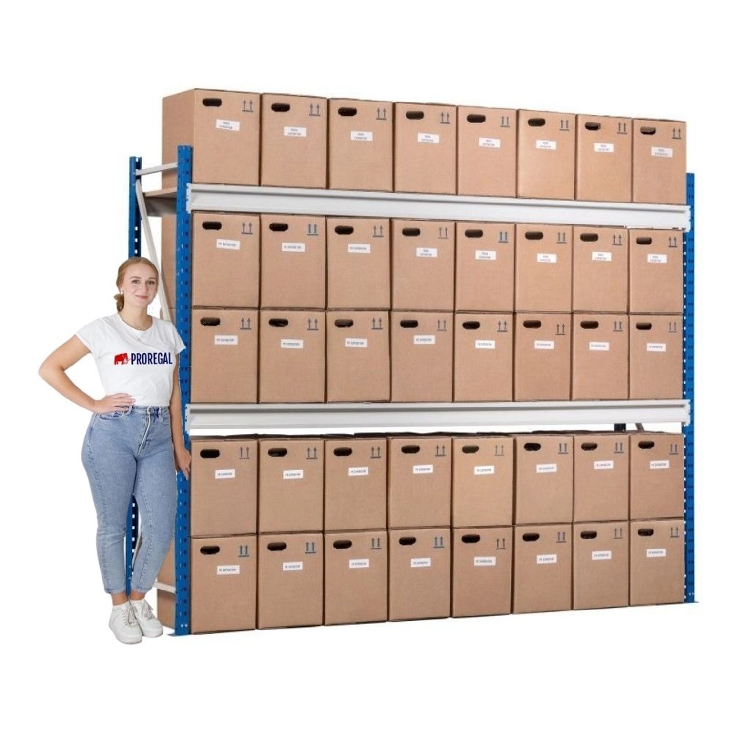 Belastbares PROREGAL Weitspannregal Maximus Pro, blau/grau, mit 5 Ebenen und Kartons. Ideal für Lagerung.