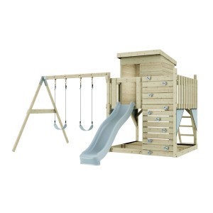 PolarPlay Spielturm Björn mit Schaukel und Rutsche, aus unbehandeltem Holz.