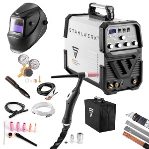 STAHLWERK AC/DC WIG 200 ST Schweißgerät mit Zubehör: Schweißhelm, Brenner, Elektroden und Druckminderer.