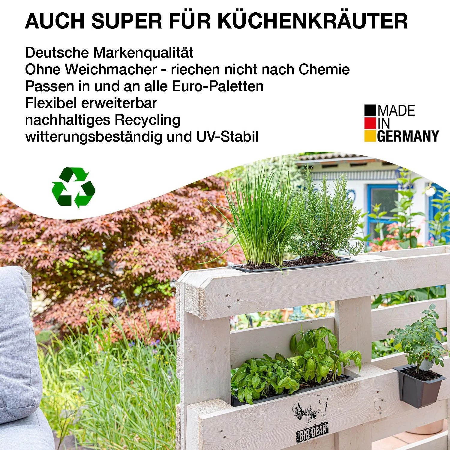 Anthrazit BigDean Paletten Blumenkästen mit Kräutern in weißer Europalette. Hängesystem für Balkon, Terrasse & Garten.