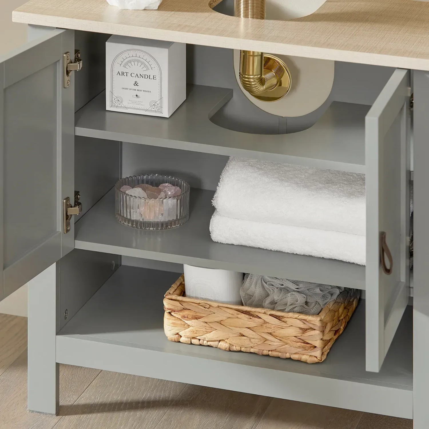 SoBuy Waschbeckenunterschrank BZR69-HG, grau, mit offenem Fach und Stauraum hinter zwei Türen.