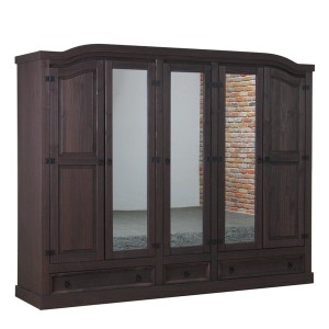5-türiger Kleiderschrank New Mexico mit Spiegel- und Holztüren, kolonial gebeizt.