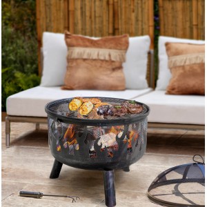 Buschbeck Feuerschale Faya mit Grillrost und Funkenschutz im Garten.