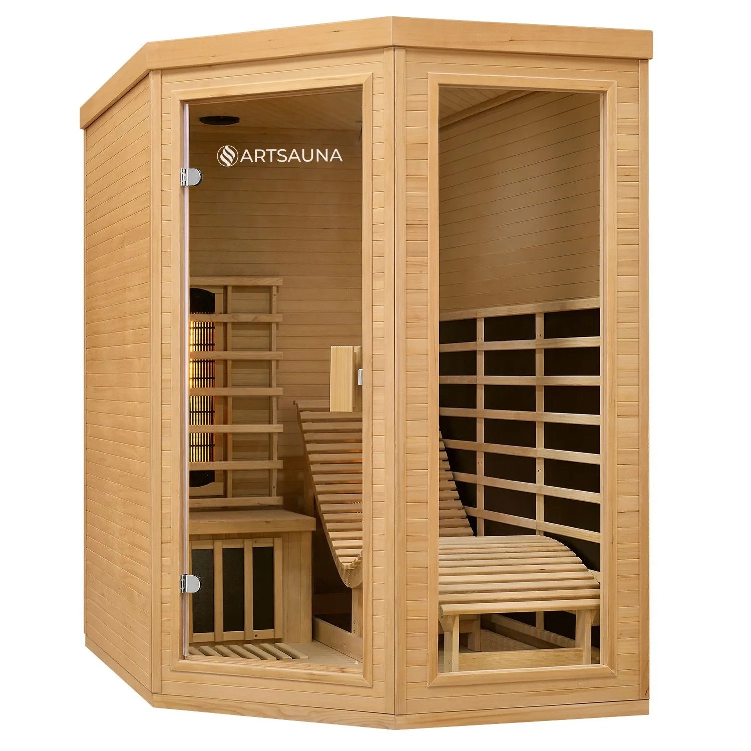 Artsauna Infrarotkabine Esbjerg aus Hemlockholz mit Liege und Sitzbank für 2 Personen.