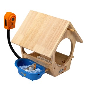 DieMaus Vogelhaus mit Kamera: Holz-Futterhaus mit Wildkamera und Vogeltränke, mit Vogel.