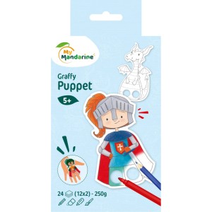 Graffy Puppet Ritter und Drachen Kreativset: Ausmal-Fingerpuppen, Ritter und Drache, mit Stiften auf blauer Packung.