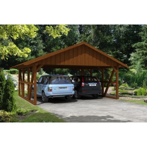 Skan Holz Carport Schwarzwald, Nussbaum, mit zwei geparkten Autos.