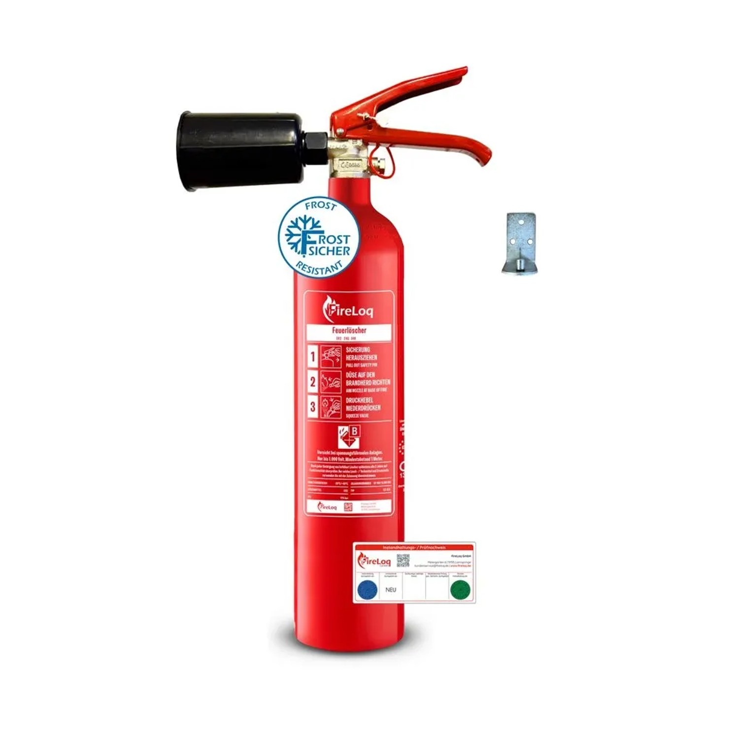 FireLoq 2kg Co2 Stahl Behälter Feuerlöscher 34B inkl. Prüfnachweis Wandhalter