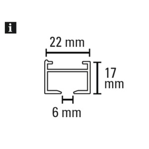 Querschnitt der Gardinia Luna Vorhangschiene, Maße: 22x17x6 mm.