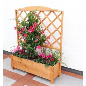 Holz-Rankkasten Botanica mit Rankhilfe und blühenden Pflanzen, 110x32x140cm.