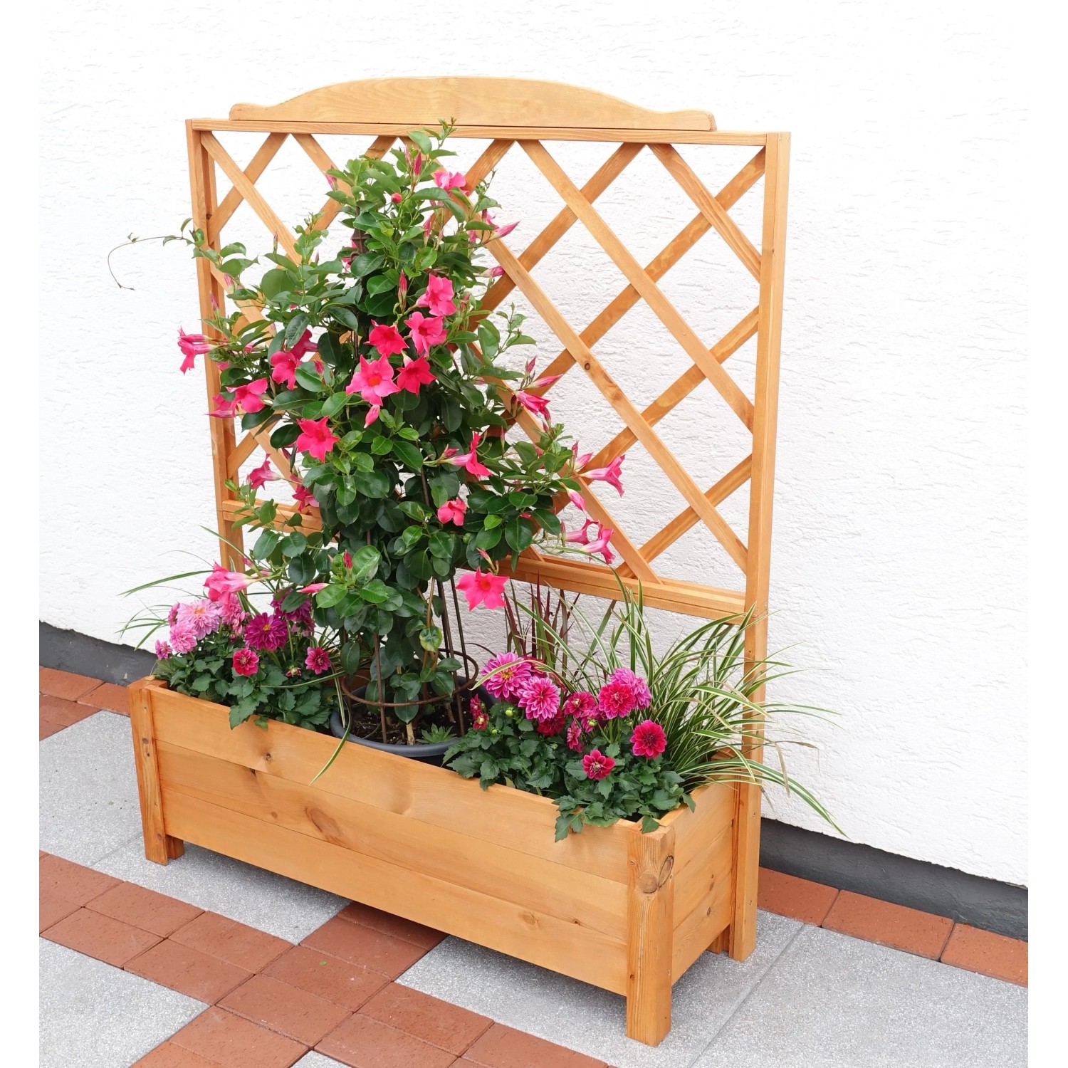 Holz-Rankkasten Botanica mit Rankhilfe und blühenden Pflanzen, 110x32x140cm.