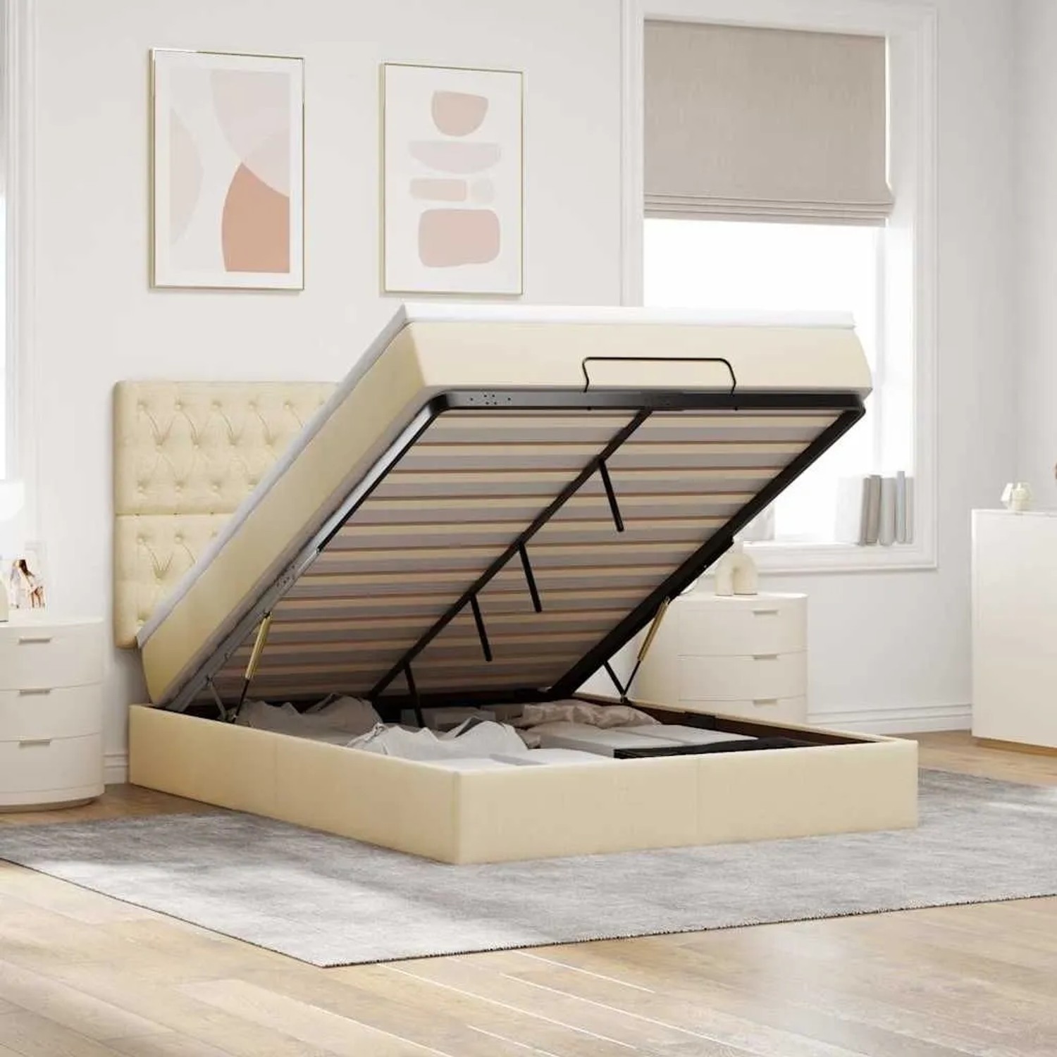 vidaXL Ottoman-Bett mit Matratze & LEDs Creme 140x190 cm Stoff 3314091