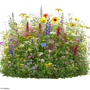 Bunte Wildblumenmischung für Halbschatten. Vielfältige Blumen in Rot, Gelb, Blau, Lila und Weiß.