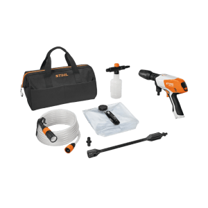 Stihl Akku-Druckreiniger RCA 20 orange-grau, mit Zubehörset: Tragetasche, Schlauch, Sprühflasche und Faltcontainer.