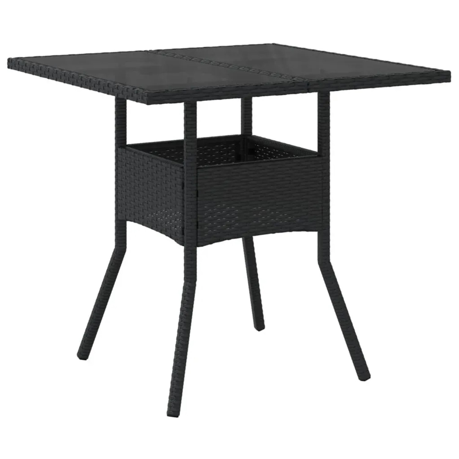 Schwarzer vidaXL Gartentisch aus Rattan mit Glasplatte, Teil der 3-tlg. Garten-Essgruppe.