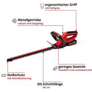 Einhell Akku-Heckenschere GC-CH 1846 Li Kit, rot/schwarz, mit 18V Akku und 46cm Schnittlänge.