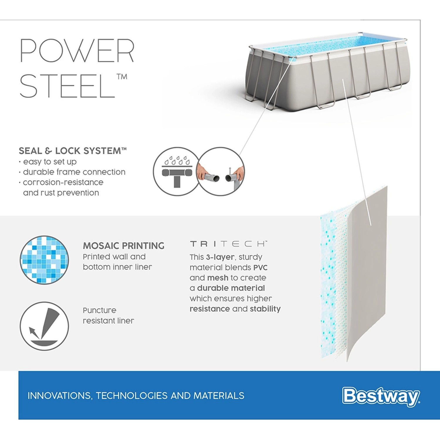 Bestway Stahlrahmenpool-Set Power Steel, rechteckig, 549x274x122 cm, Details zu Material, System und Mosaikmuster.