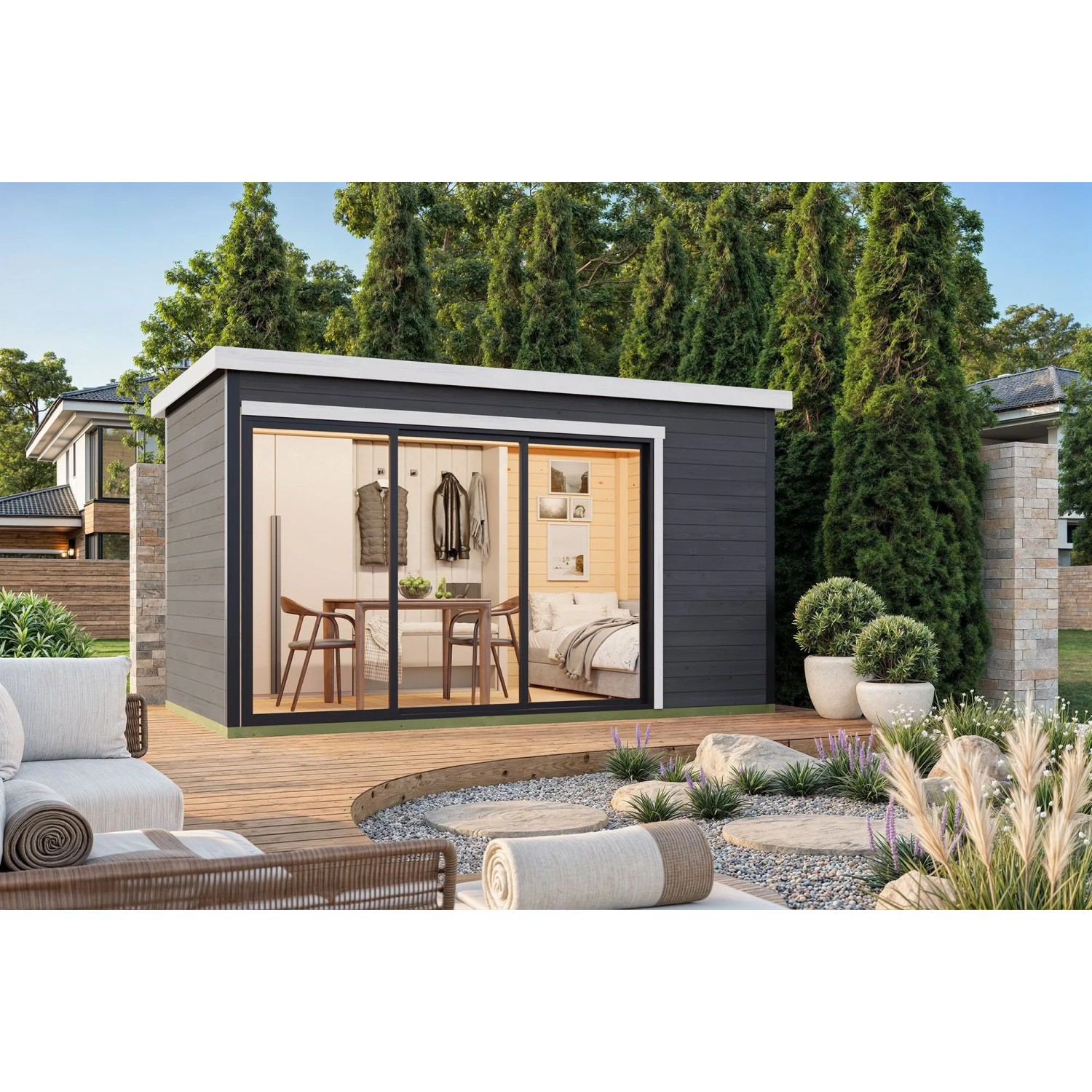 Lasita Holz-Gartenhaus Austin 4 Flachdach Carbongrau Lasiert 420 cm x 240 cm