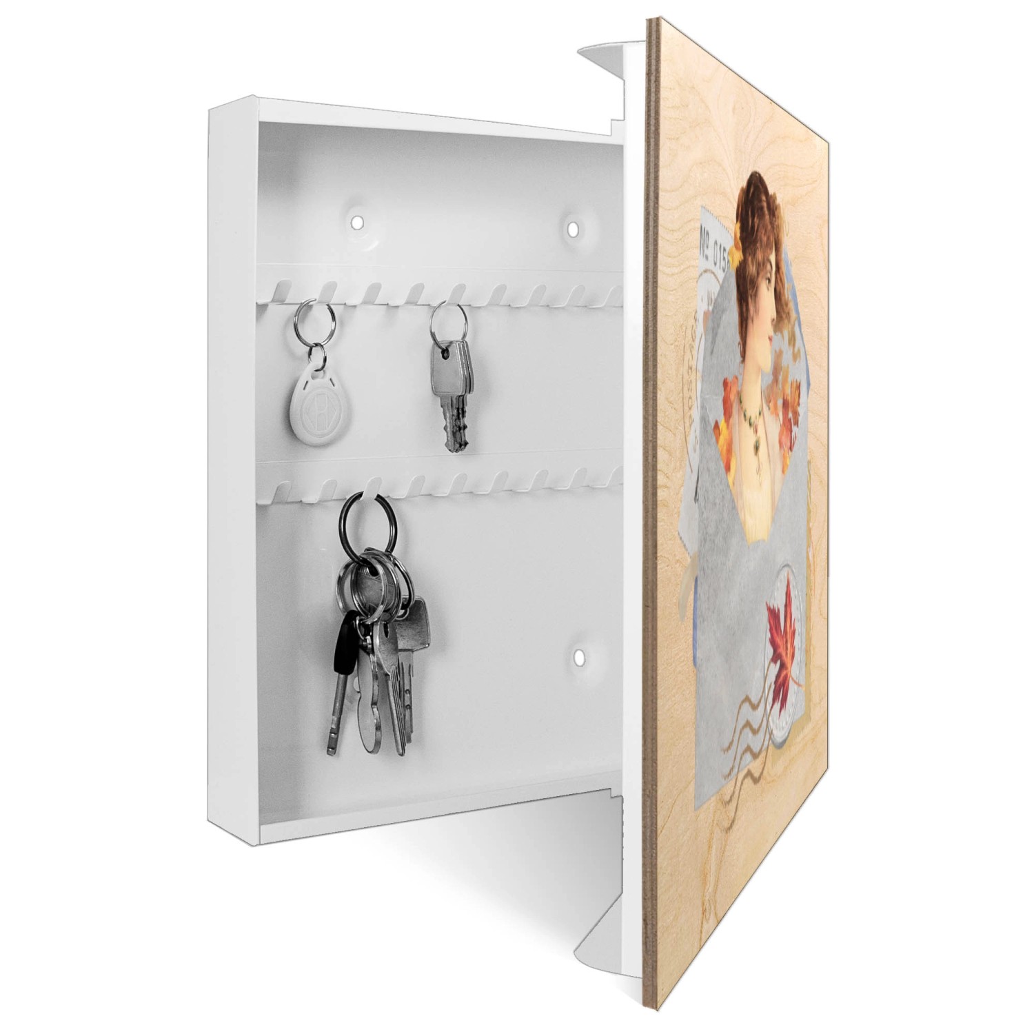 Banjado Schlüsselbox aus Holz, 30x30cm, mit nostalgischem Herbstmotiv und 50 Haken. Schlüsselkasten für die Wandmontage.