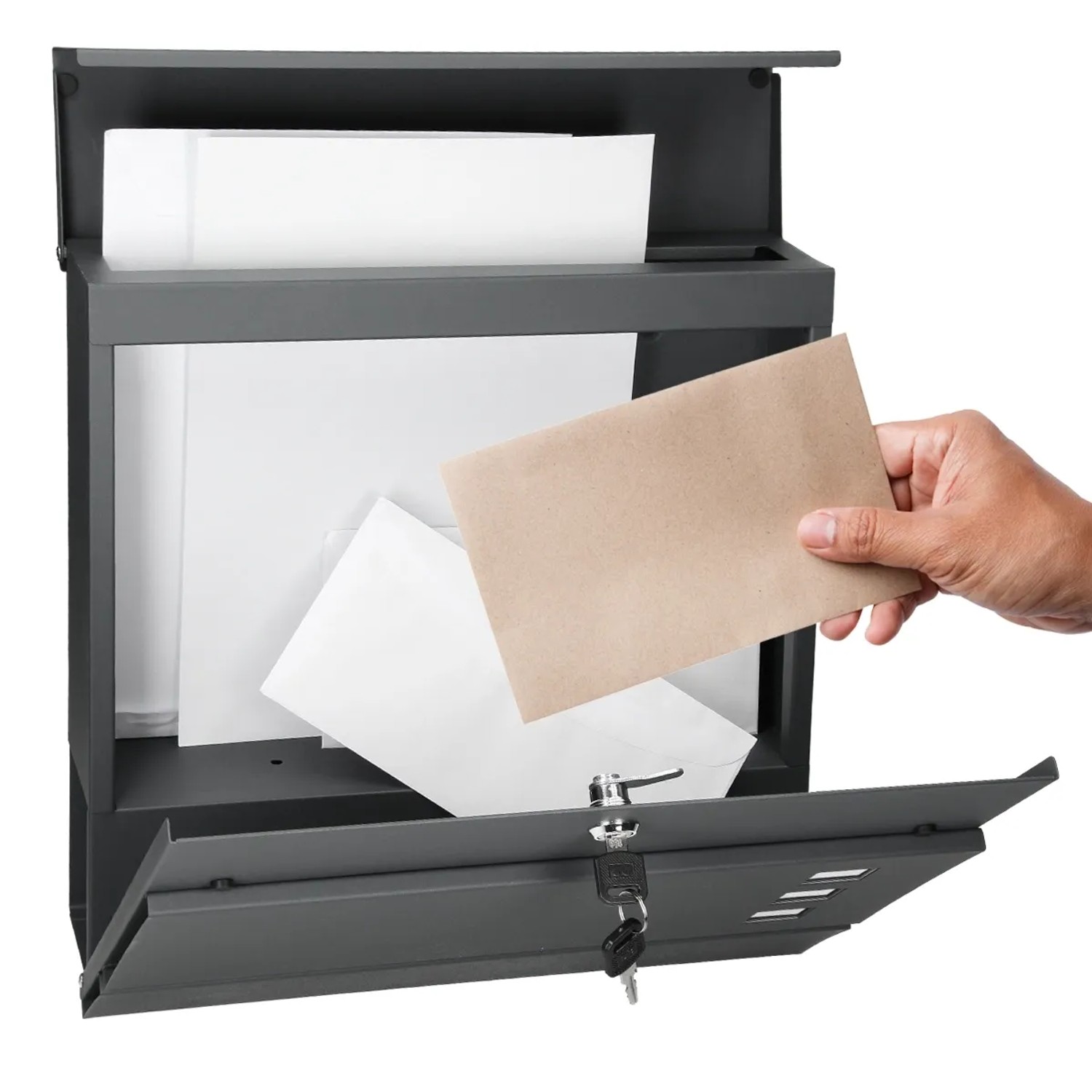 Anthrazitfarbener ECD Germany Briefkasten mit Zeitungsfach aus Stahl, Posteinwurf.