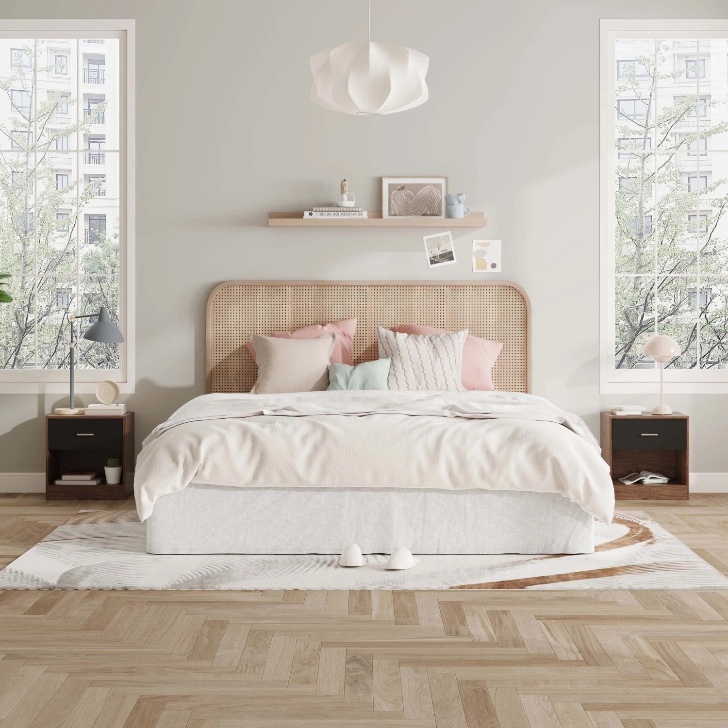 Zwei braun-schwarze MDF Nachttische mit Schublade und offenem Fach im Schlafzimmer. Ideal als Ablage.