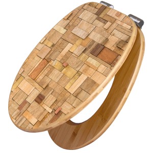 Banjado WC-Sitz aus Bambus mit Holzflickwerk-Motiv und Absenkautomatik.