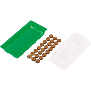 Anzuchthaus mit 28 Quell-Tabs: Zimmer-Gewächshaus mit grüner Schale und transparentem Deckel.