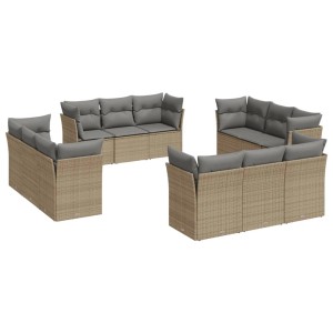 Beige 12-tlg. Garten-Sofagarnitur aus Poly Rattan mit grauen Kissen.