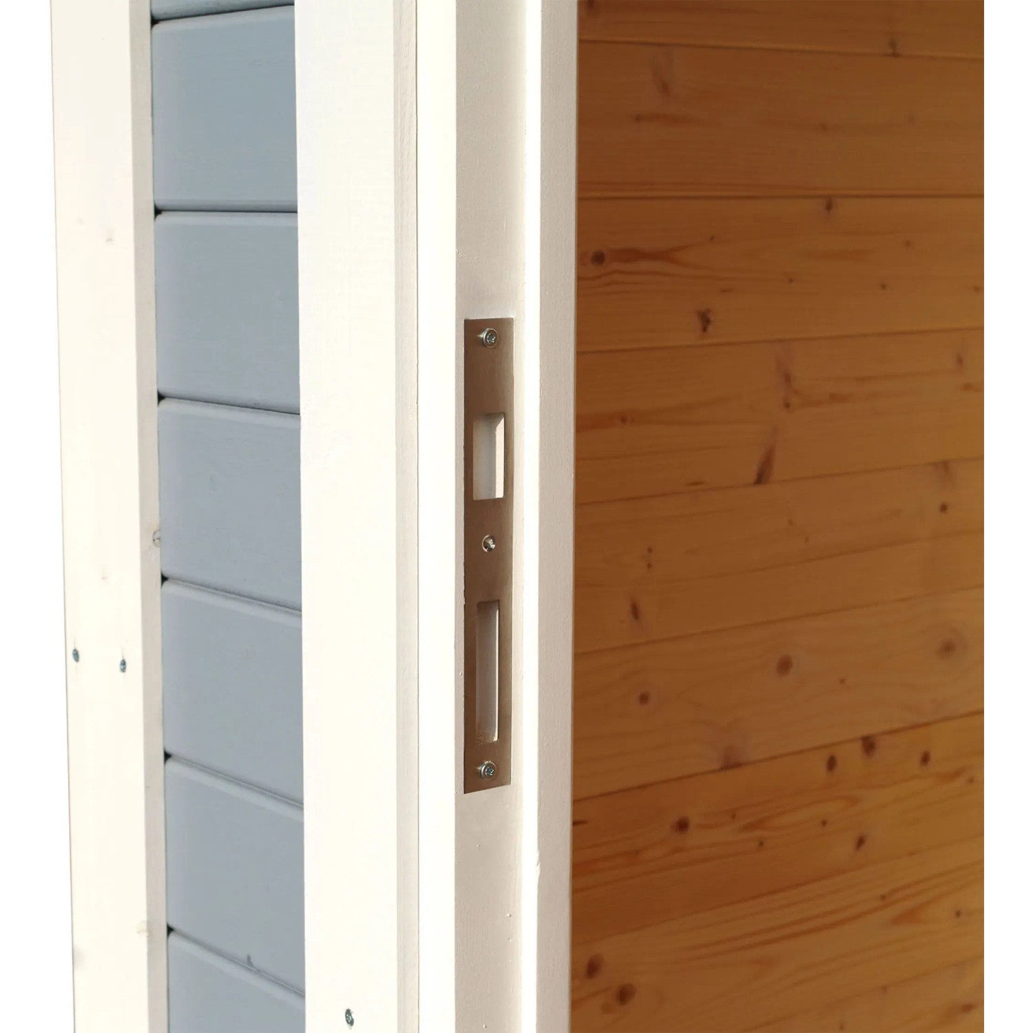 Detailaufnahme: Türgriff des Bertilo Gartenhaus Pentus 1 Natur, unbehandeltes Holz.