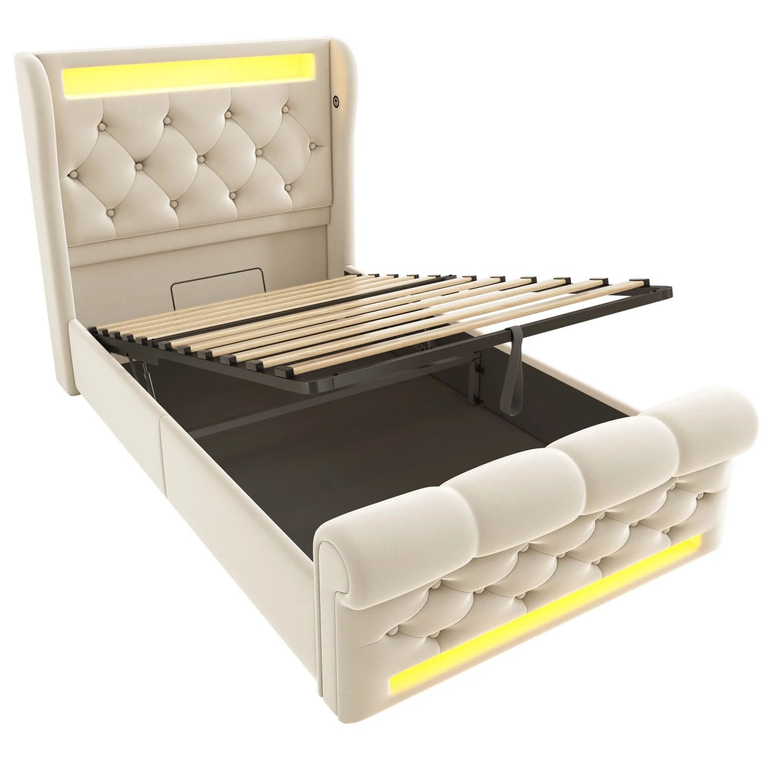 Merax Polsterbett 90x200cm LED USB-C Hydraulik Beige