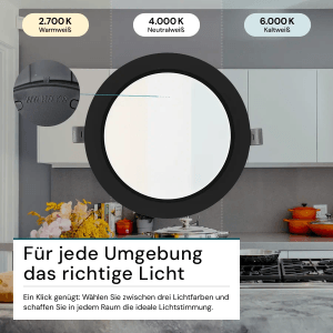 LUXULA LED Einbauleuchte 18W IP44-Geschützt 1800lm Lichtfarbe Einstellbar CCT Ø221x27mm Einbaustrahler Deckenspot Rund Schwarz