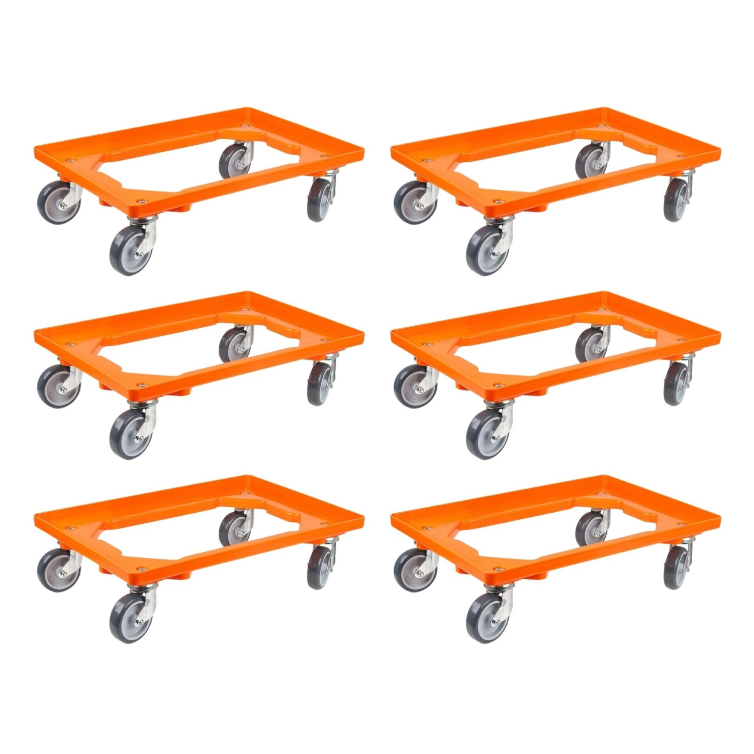 PROREGAL SparSet 6x Transportroller für Euroboxen 60 x 40 cm mit Gummiräder Orange Offenes Deck 2 Lenkrollen und 2 Bockr