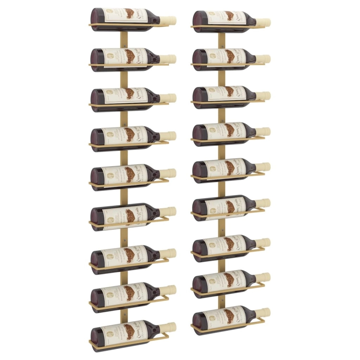 Zwei goldene Wand-Weinregale für je 9 Flaschen. Praktische und moderne Weinlagerung.