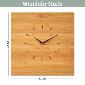 DELUKE Wanduhr Groß Holz BAMBUS 50x50cm Quadratisch Geräuschlos Wohnzimmeruhr Holz-Metalloptik Küchenuhr Dekouhr