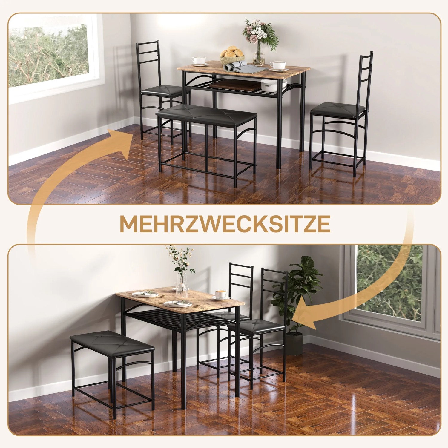 HOMCOM Essgruppe mit 2 Stühlen und Bank, Metall/MDF, braun. Platzsparende Möbel für Küche und Esszimmer.