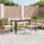 5-tlg. Garten-Essgruppe: Tisch mit Glasplatte, 4 Rattan-Stühle mit Kissen in Beige.