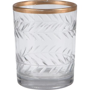 Klarer Teelichthalter Desert Flower aus Glas mit Goldrand und Blattmuster, 9,5 cm hoch.