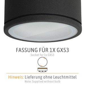 Detailaufnahme: Schwarzer LED Aufbaustrahler für Feuchträume, GX53 Fassung ohne Leuchtmittel.