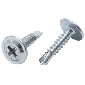 Zwei silberne Protektor Blechschrauben 4,2x19mm mit Bohrspitze und Kreuzschlitz.