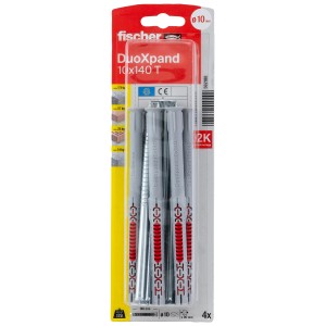 Fischer DuoXpand Dübel 10x140 mm, 4er-Pack mit Senkkopfschraube, geeignet für Beton und Mauerwerk.