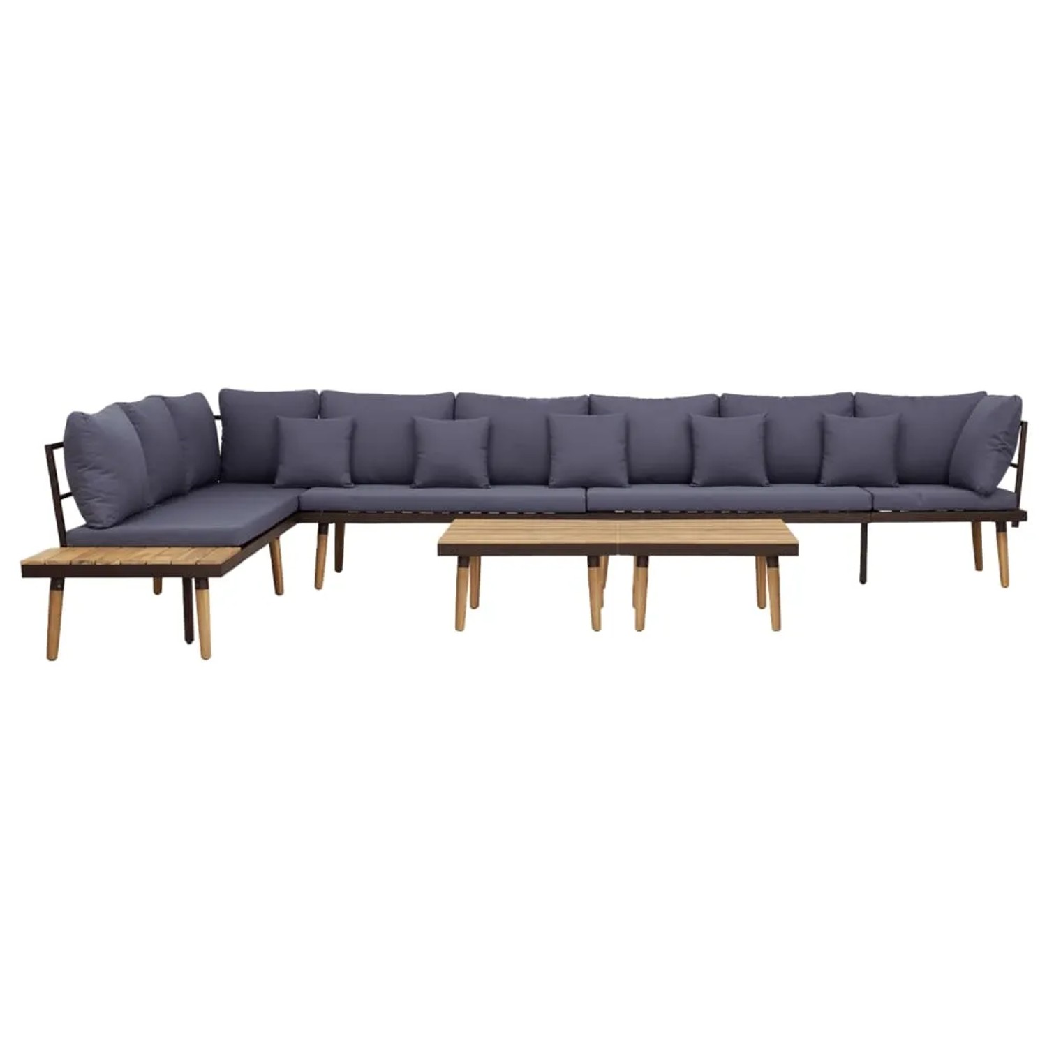 vidaXL 8-tlg. Garten Lounge Set aus Akazienholz mit grauen Kissen und zwei Tischen.
