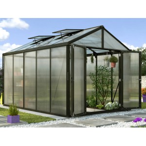 Vitavia Gewächshaus Zeus Comfort 10000, 10m², schwarz, mit geöffneter Doppeltür und Pflanzen im Inneren.