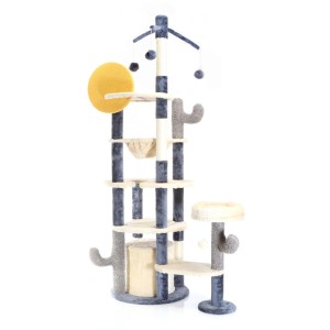Hoher Fudajo Kratzbaum Kaktusdesign in Dunkelgrau/Beige mit Katzenhaus, Liegemulde, Sisalstämmen und Spielbällen.