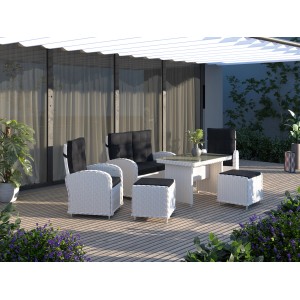 6-teilige Lounge-Gruppe Kalgan in Eisgrau mit Tisch, Sesseln, Bank und Hockern mit anthrazitfarbenen Auflagen.