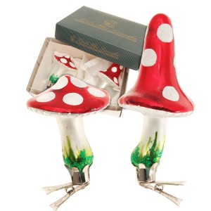2 rote Krebs Glas Lauscha Fliegenpilze (8cm) mit weißen Punkten als Weihnachtsbaumschmuck.